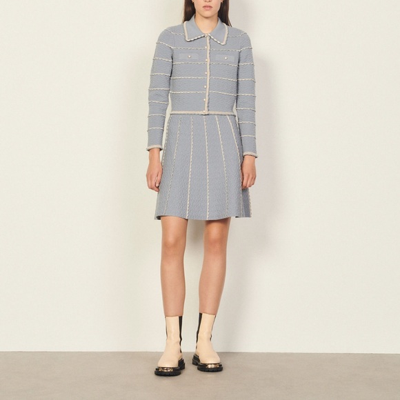 SANDRO Intrigue Cloqué Mini Skirt In Blue - Picture 6 of 9